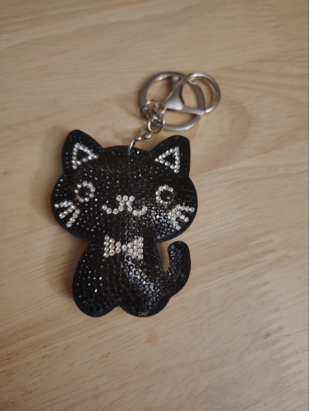 Black Kitty Cat Crystal Bag Purse Charm Silver Keychain